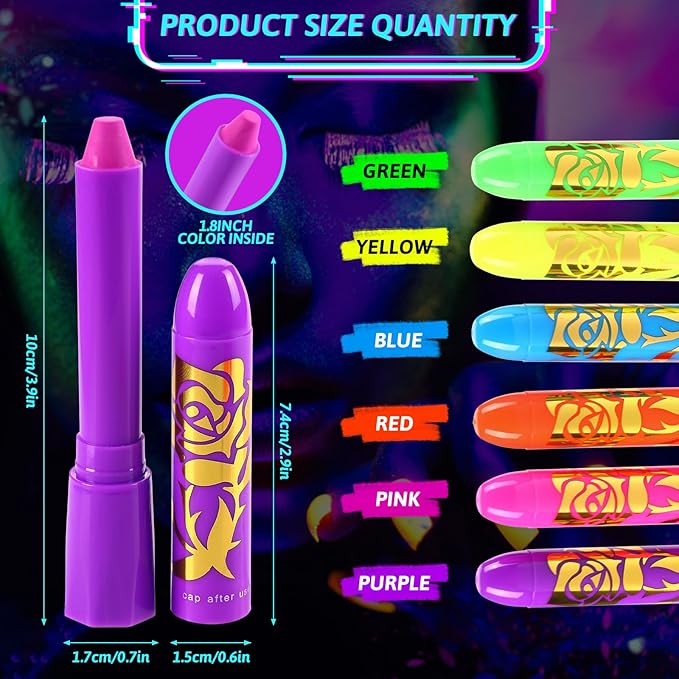 Neon Face Paint Sticks,Glow Face Body Paint,Glow In The Dark Under UV Black Light for Party Cosplay Halloween(6 Neon Color)