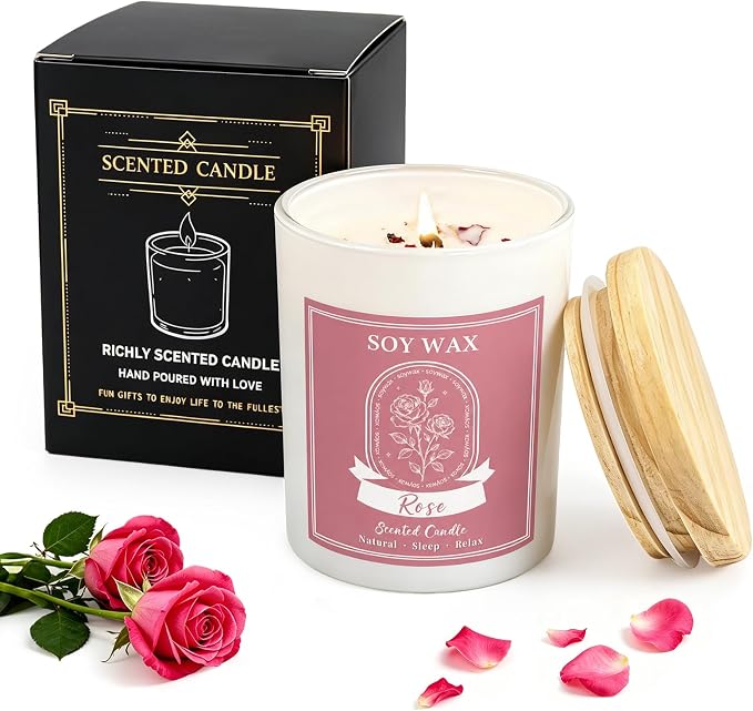 Scented Candle, Candles for Home Scented, 5.2 oz Soy Candles for Aromatherapy, Natural Hand-Poured, Relaxing Rose Scent, Gift for Women Mom (Rose)