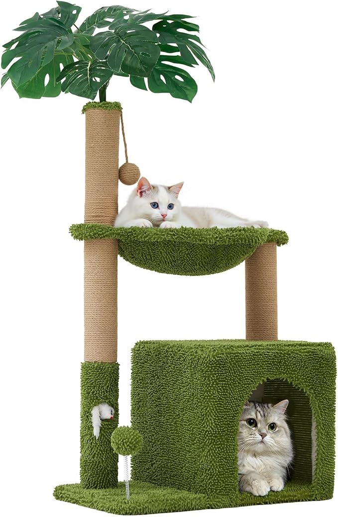 37" Small Cat Tree with Scratching Posts，Green Cat Scratcher Tower | Sisal Cat Scratcher,Cozy Hammock,Cat Condo,Interactive Cat Toys for Kittens