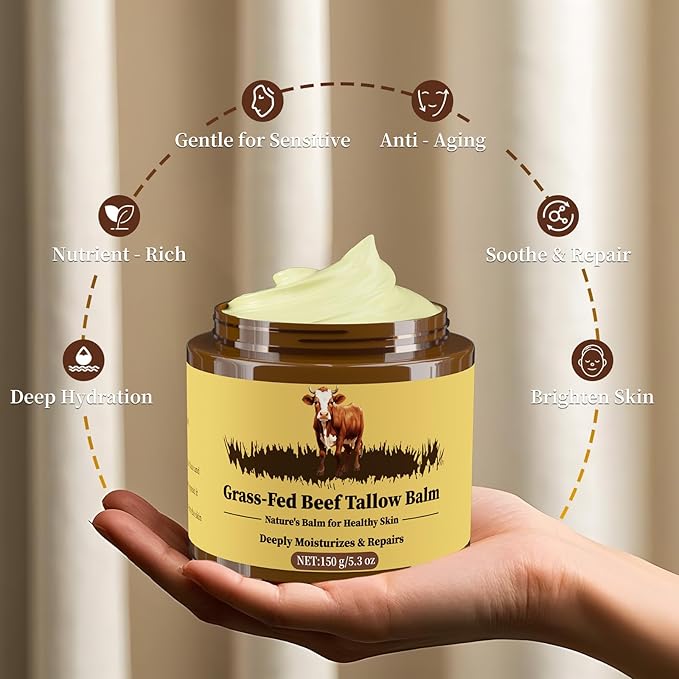 Oebitor Beef Tallow for Skin, Tallow and Honey Balm, Facial Moisturizer Cream, 100% Organic Grass Fed Whipped Beef Tallow Balm Deeply Moisturizing for Face & Body, Suitable For All Skin Types(5.3oz)