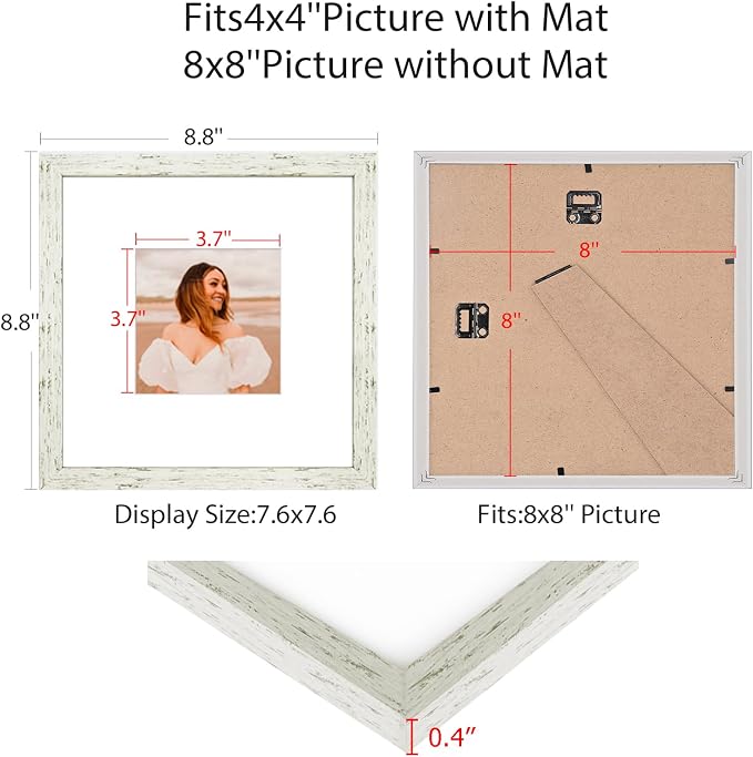 8x8 Picture Frame Set of 9, Display Pictures 4x4 with Mat or 8x8 without Mat, Multi Collage Gallery Square Photo Frames for Wall or Tabletop, Distressed White