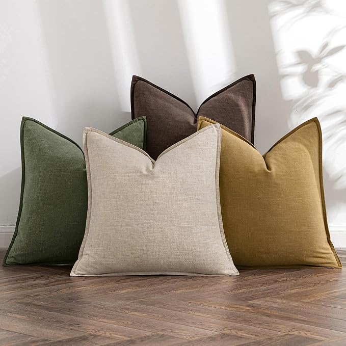 MIULEE Neutral Green/Brown Boho Linen Pillow Covers 18x18 Inch Pack of 4 | Natural Decorative Throw Pillow Covers, Soft Farmhouse Couch Pillowcases, Decors for Living Room Bed Sofa
