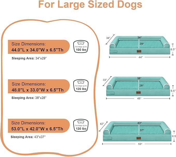 Orthopedic Dog Bed for XX-Large Dogs, 44 x 34 Inch, Aqua Blue | Egg crate foam for joint support, 3-sided bolster pet sofa, waterproof lining, washable cover, and non-skid base
