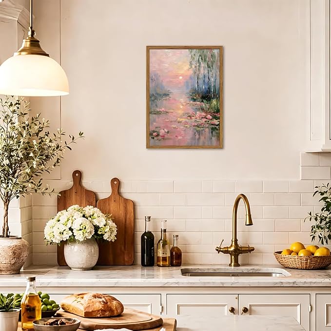 Framed Vintage Monet Canvas Wall Art, Pink Water Lilies Floral Pictures Wall Decor, Impressionist Sunset Landscape Paintings Prints Nature Aesthetic Artwork for Living Room Bedroom 12x16 inch