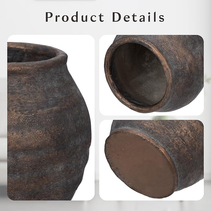 Briful Rustic Vintage Ceramic Pottery Vase, 6.1'' Farmhouse Table Decor with Distressed Texture, Wide Mouth Decorative Jar Vases for Home Decor, Shelf & Entryway, Brown
