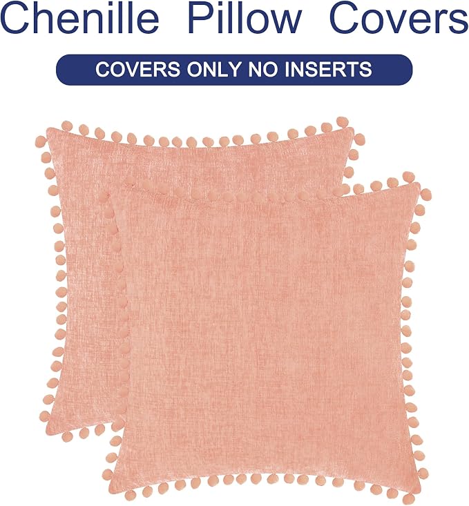 CaliTime Decorative Couch Throw Pillow Covers 22 X 22 Inches Dusty Pink | Pack of 2, Cozy Chenille Cushion Cases, with Pom Poms for Sofa Bed Living Room Farmhouse Home