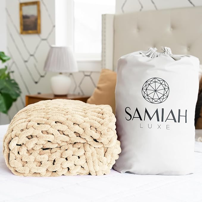 SAMIAH LUXE Chunky Knit Throw Blanket 50x70, Buttercream Cream Chenille Throw Blanket for Couch Bed Sofa, Soft Fluffy Cable Knit Blanket, Oeko-TEX Certified, Machine Washable