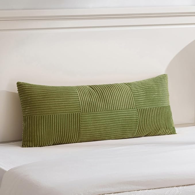 Fancy Homi Set of 1 Moss Green Boho Long Lumbar Body Decorative Throw Pillow Cover 14x36 Inch for Bed Couch Bedroom Bench, Soft Patchwork Corduroy Textured Pillow Case, Rustic Farmhouse Room Decor