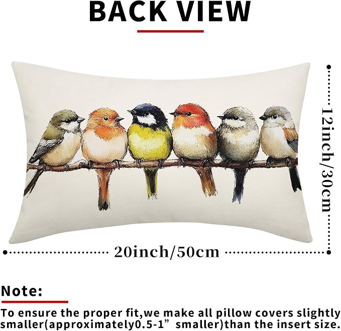 Oil Painted Birds Lumbar Pillow Covers 12x20 Inch Set of 2 Cute Spring Summer Bird Rustic Decorative Pillow Cases Outdoor Linen Square Cushion Cover Farmhouse Decor for Bedroom Home Sofa Couch Bed