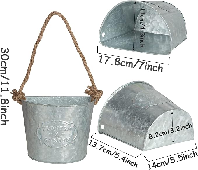 XONOR 4Pcs Galvanized Metal Hanging Wall Planter, Rustic Wall Flower Vase for Succulents Herbs Country Home Farmhouse Decoration (1)