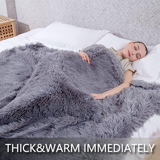YUSOKI Long Faux Fur Throw Blanket, Grey,50" x 60" | Ultra Soft, Lightweight for All Season Use, stays fluffy after repeated washes, Perfect Gifts, Machine Washable
