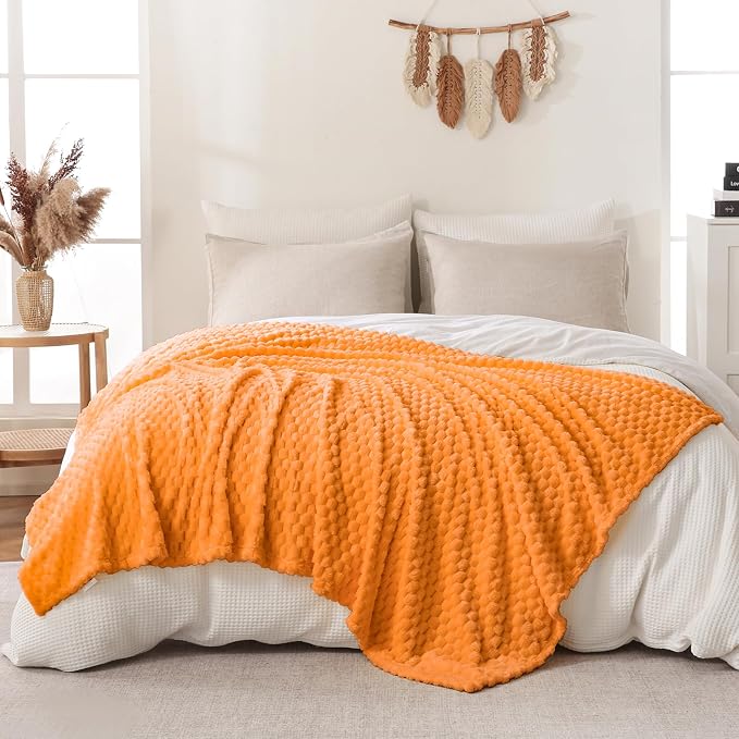 Bnuitland Light Orange Flannel Throw Twin Size Blanket (60X80 inches), 300 GSM Fleece Cozy Warm Soft Home Decor Lightweight Bed Blanket for Adults, Suitable for All Seasons.