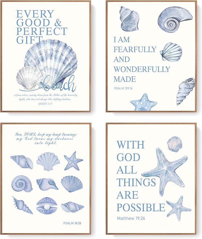 LARTSFRO Beach Ocean Blue Christian Bible Wall Art Decor Posters, Coquette Shells Christian Room Bathroom Bedroom Dorm Wall Art Decor Aesthetic for College Teen Girls Gifts, Inspirational Bible Verses Wall Decor, 10x8 Inch Set of 4 Pcs Summer Beach Pic...