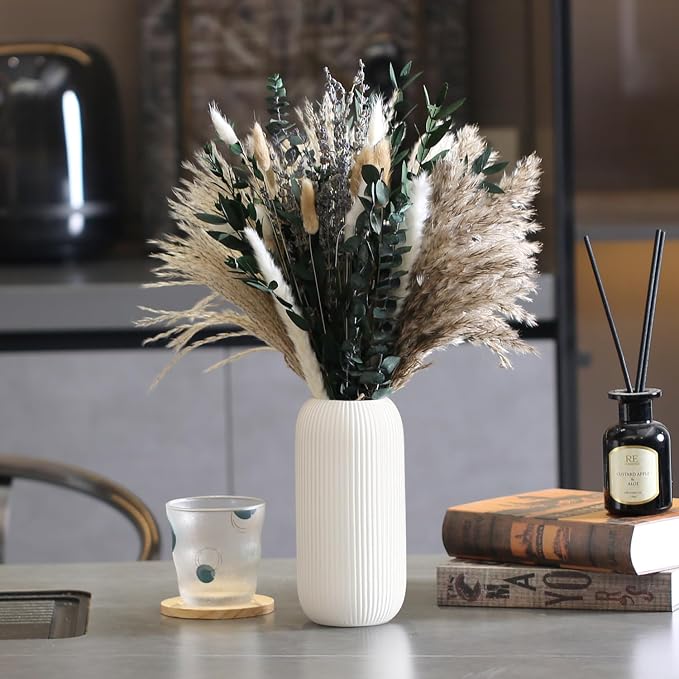Bohemian White Ceramic Vase - for Pampas Grass, Mantel, Bookshelf, Entryway and Living Room Decor (White, 8in-Pill)