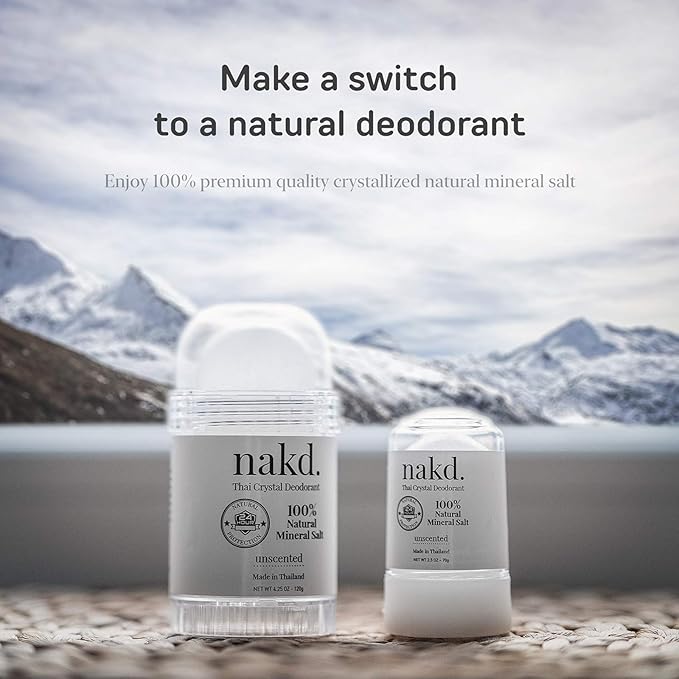 nakd. Thai Crystal Deodorant Stone – 2 Salt Crystal Deodorant Sticks, 4.25 oz. Regular + 2.5 oz. Travel Size – All Natural Unscented and Aluminum Free for Women & Men