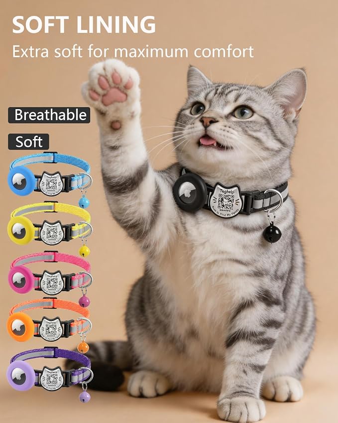 Cat Collar with AirTag Holder, QR Code Tag and Bell (Pink)