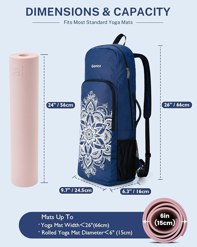 Gonex Yoga Mat Bag, 2 Carry Ways Yoga Backpack with Wet Compartment Metal Zippers for Women Men, Large Capacity Yoga Mat Carrier for Yoga, Gym, Travel