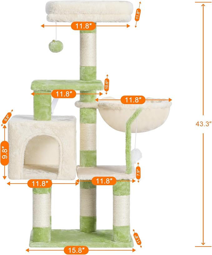 Heybly Cat Tree with Toy, 43.3 inch Cat Tower for Indoor Cats HCT004SGM | Cat Condo with Durable Sisal Scratching Posts, Cat House with Padded Plush Perch, Cozy Hammock, Green and Beige