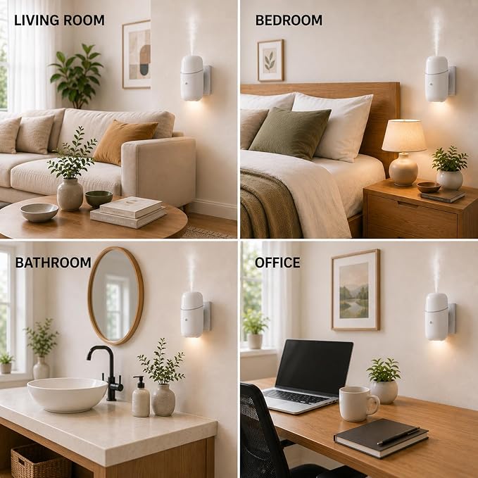 Waterless Diffuser, Quiet Essential Oil Diffuser with Low/High Levels and Night Light, Plug in Diffuser with Timer, Wall Aromatherapy Diffuser for Home, Living Room, Bedroom, Bathroom, White