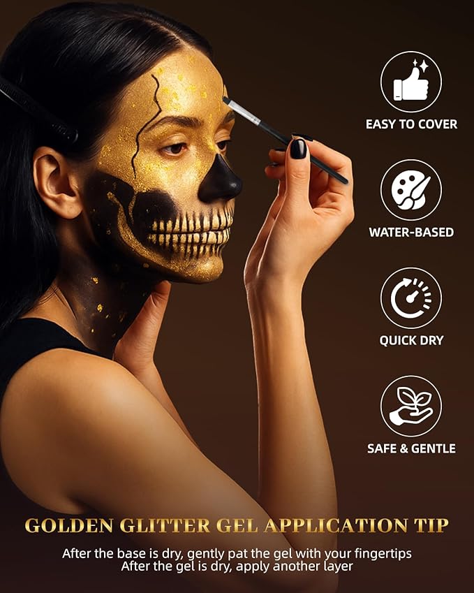 Lictin Black and White Face Body Paint with Gold Glitter Gel, Zombie Skeleton Makeup Face Paint, Professional Make Up Kit for Halloween, Costume, Cosplay, Carnivals for Adults & Kids