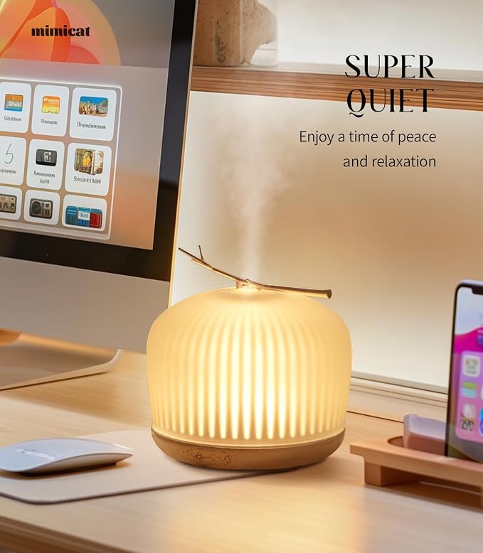 mimicat Whisper-Quiet Glass Essential Oil Diffuser for Bedroom – Aromatherapy for Restful Sleep, Auto Shut-Off, 8H/18H Runtime, 230ML, Wood Base