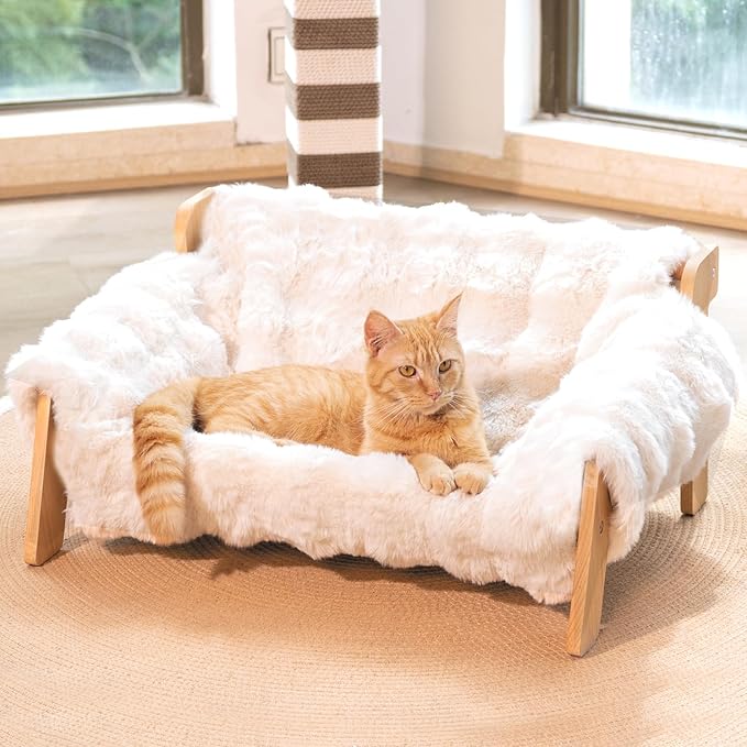 Elevated Cat Couch Bed Wooden Raised Kitty Sofa Lounge Chair | Washable Fluffy Cover Wooden Elevated Pet Furniture for Indoor Cats and Puppy(White)