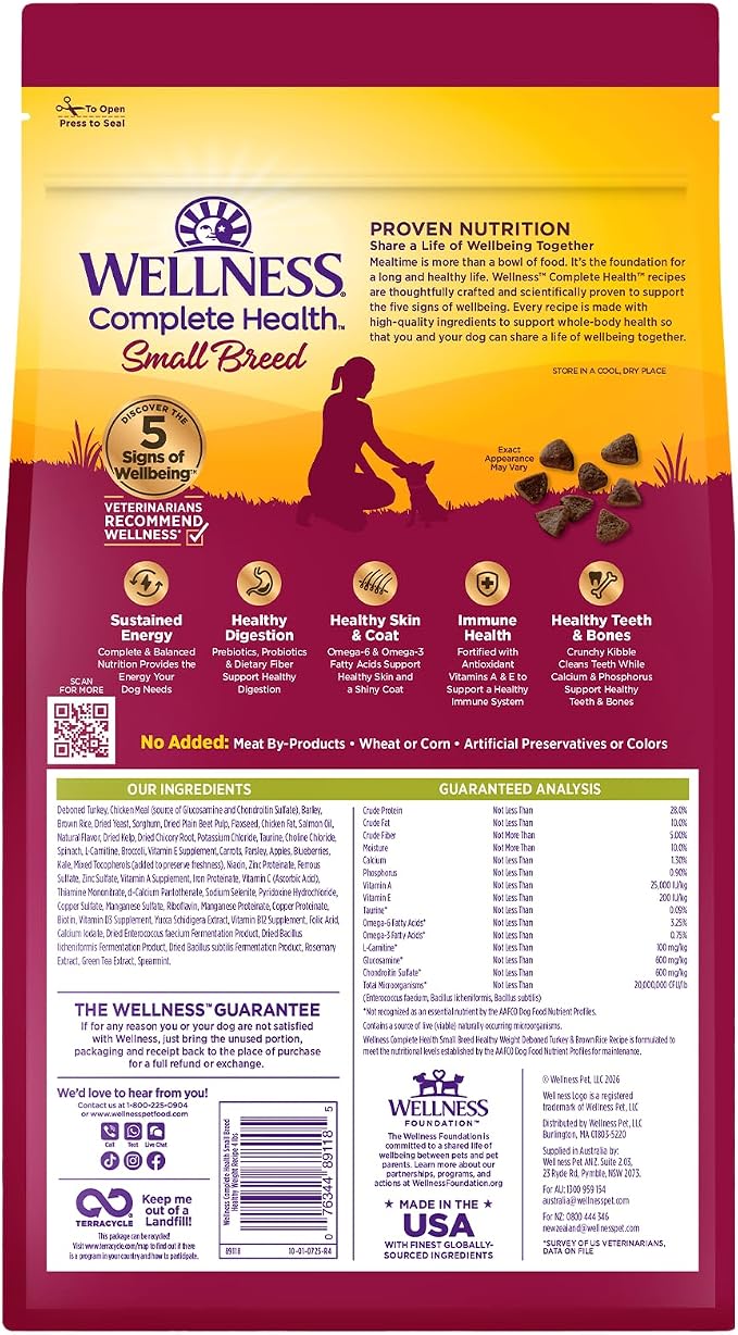 Wellness Complete Health Healthy Weight Small Breed Adult Dry Dog Food, Wholesome Grain Kibble, Natural, Turkey and Brown Rice Recipe, 4 lb Bag