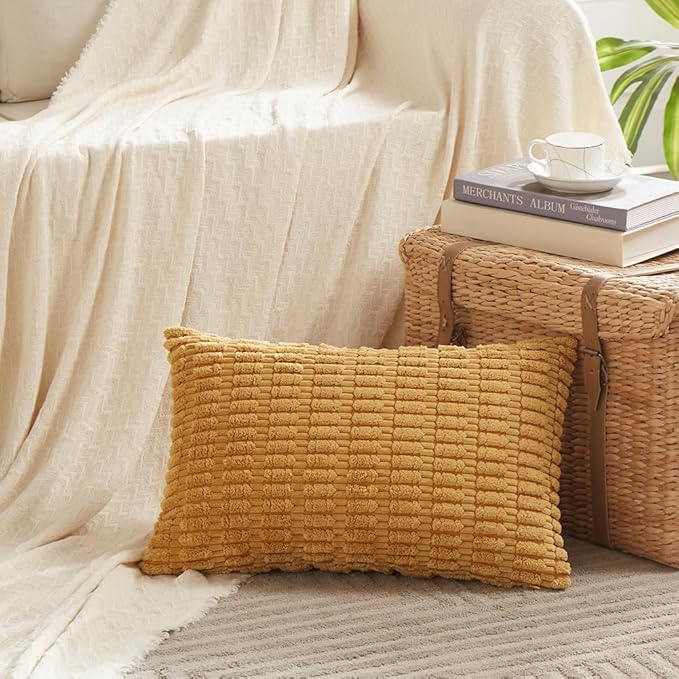 Fancy Homi Decorative Throw Pillow Covers for Bed Couch Bedroom Bench, Soft Corduroy Solid Pillow Case, Rustic Farmhouse Boho Room Decor,24" x 14" (Pack of 1),Mustard Yellow