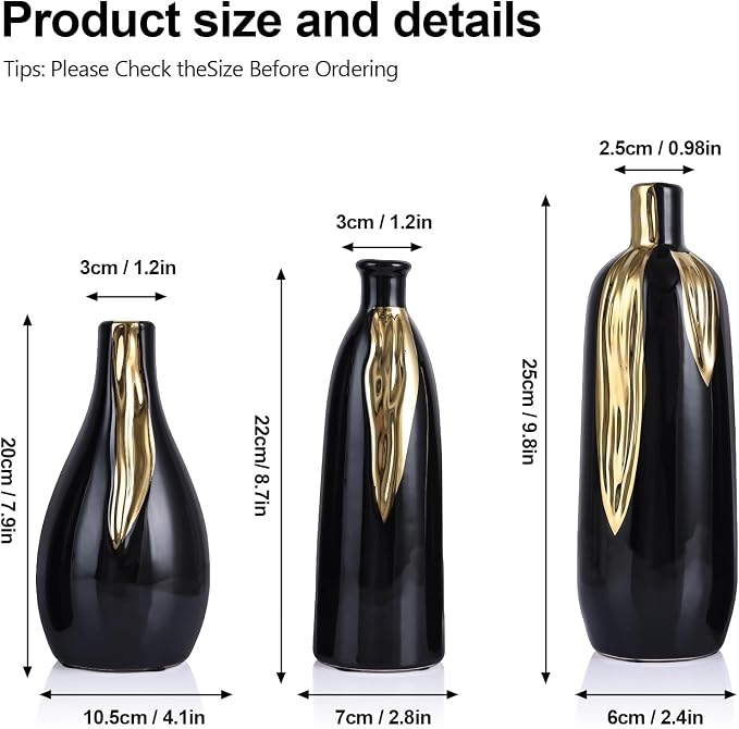 Black and Gold Vase Set of 3, Modern Ceramic Decorative Vases for Living Room, Bedroom, Art Decor, Mantle, Home Event Decor, Office Decorative, Weddings, Rustic & Farmhouse (Black Gold)