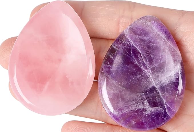 QINJIEJIE 2PCS Thumb Worry Stone for Anxiety Rose Quartz Amethyst Healing Crystals Sets Hand Carved Pocket Gemstones Meditation Crystal Reiki Palm Stone for Anxiety Relief Items