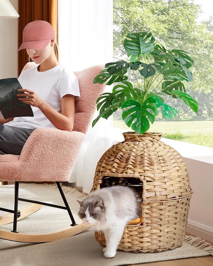SETVSON Cat Litter Box Plant Furniture Enclosure, Rattan PE House, Natural | Decorative Planter Design, Removable Top for Easy Cleaning, Includes Artificial Plants, Real Stones, 20 x 20 Inches