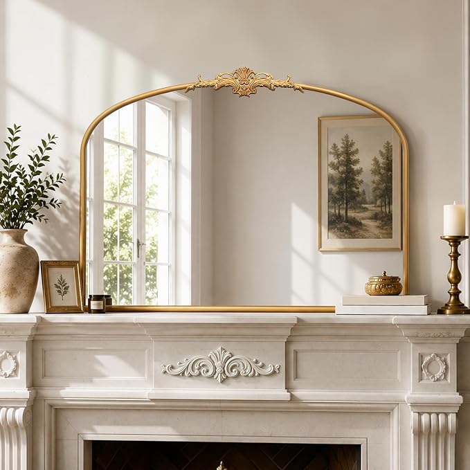 Besdomus Vintage Arched Gold Mirror: 40"x29" Large Arch Antique Decorative | French Baroque Metal Framed Mirrors - Traditional Ornate for Entryway/Bedroom/Fireplace/Bathroom - Ideal for Home Renovations
