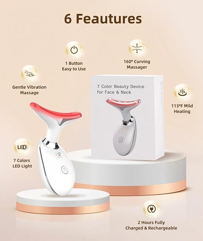 ELISHINE 7 Color Face and Neck Massager Light Therapy, Red Light Based Facial Massager for Skin Care, Smoothing, Firming (White)