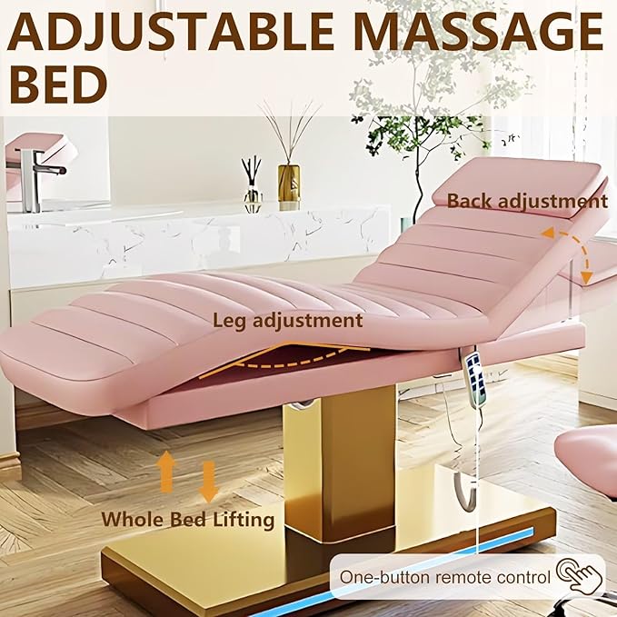 Massage Table-Electric Massage Table with Pink Light Luxury Style, Facial Beauty Table Includes Intelligent Angle Adjustment, Ambient Light