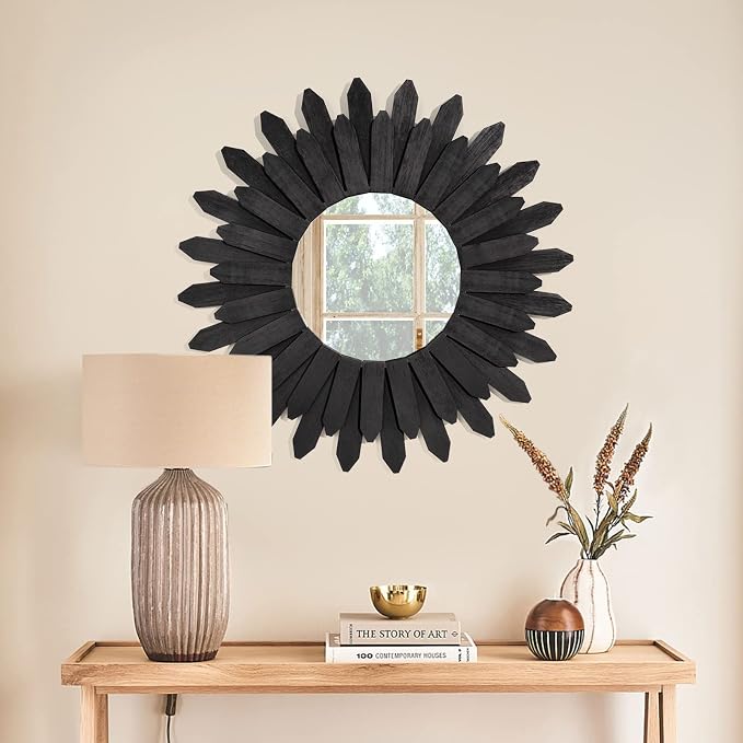 21 inch Black Wall Decor Vintage Mirror, Boho Style, Wooden Frame, Easy to Hang, Ideal Gift