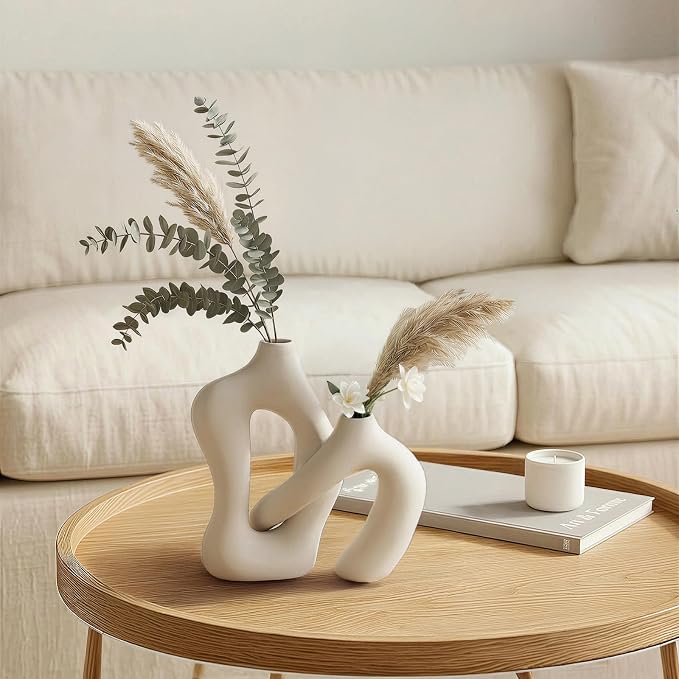 Dowan White Vases for Decor,Hollow Ceramic Vase Set of 2,8.3" Nordic Modern Boho ins Style Decorative Ceramic Aesthetic Flower Vase for Home Decor Modern Minimalist Table, Entryway Centerpieces