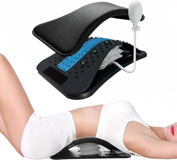 Back Stretcher, Inflatable Lumbar Support for Lower Back Muscle Relief, Stepless Adjustable Height Up to 3.9 Inch with 10mm Detachable Cushion, Acupressure for Yoga Pilates Home Office Muscle Relax