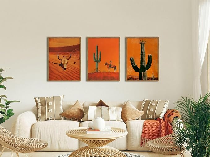 Framed Western Cowboy Canvas Wall Art Set of 3, Vintage Desert Cactus Pictures Wall Decor, Longhorn Bull Skull Paintings Prints Southwestern Home Decor for Living Room Bedroom 16x24 inch