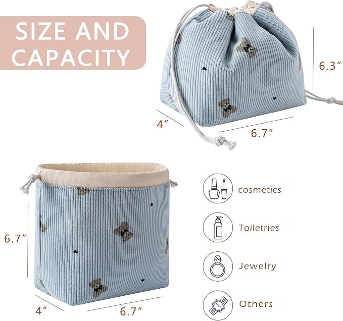 RSRSLEII Aesthetic Corduroy Drawstring Makeup Bag, Cute Coquette Drawstring Cosmetic Bag with Canvas Lining, Bear Pattern Travel Makeup Organizer Case for Women Girls (03Blue Bear)