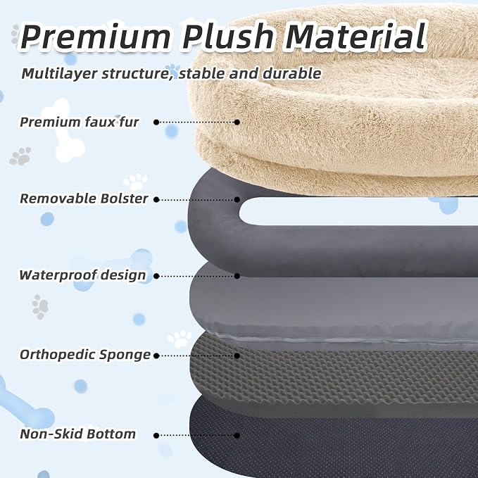 WROS Human Dog Bed for Adult, 71"x45"x12" Giant Calming Nest Beds, Beige | Washable Soft Faux Fur Cover, Orthopedic Foam Support, Non-slip Bottom, Includes Blanket, Strap & Pillow