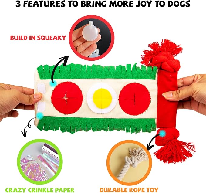 lilfrd Burrito Snuffle Mat Dog Toy, Squeaky Crinkle Rope Puzzle Taco Toy
