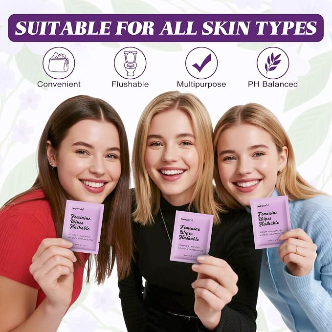 twoworld 100 Feminine Wipes Individually Wrapped,Flushable Wipes Travel | Feminine Care Vaginal Wipes for Adult,Women,Girl and Homeless(Lavender)