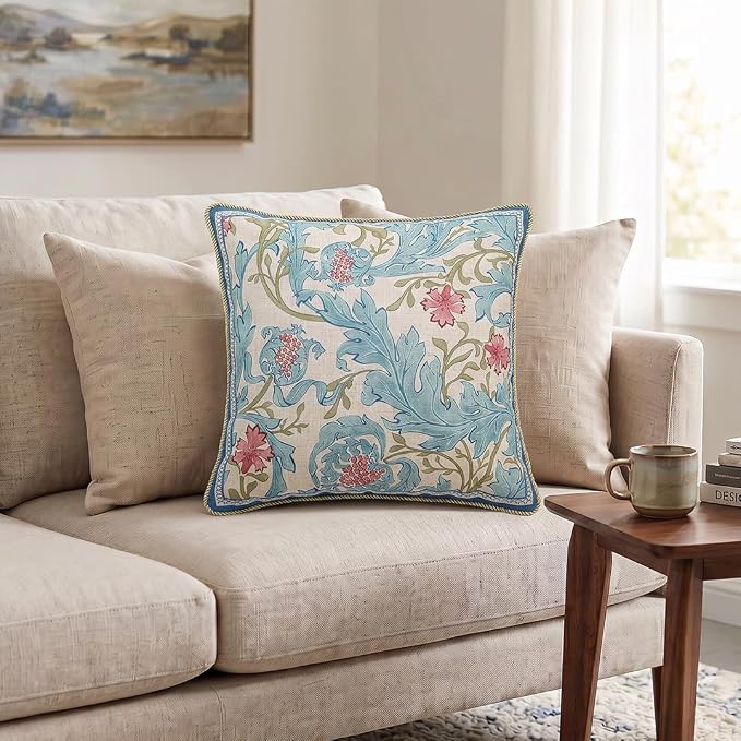 patdrea Designer Vintage Linen Throw Pillow Cover,18"x18",Set of 2-Fromm A | Luxury Decorative Pillow Case with Zipper,Blue Floral Pattern,Pillow Cover for Couch Living Room Bedroom Sofa