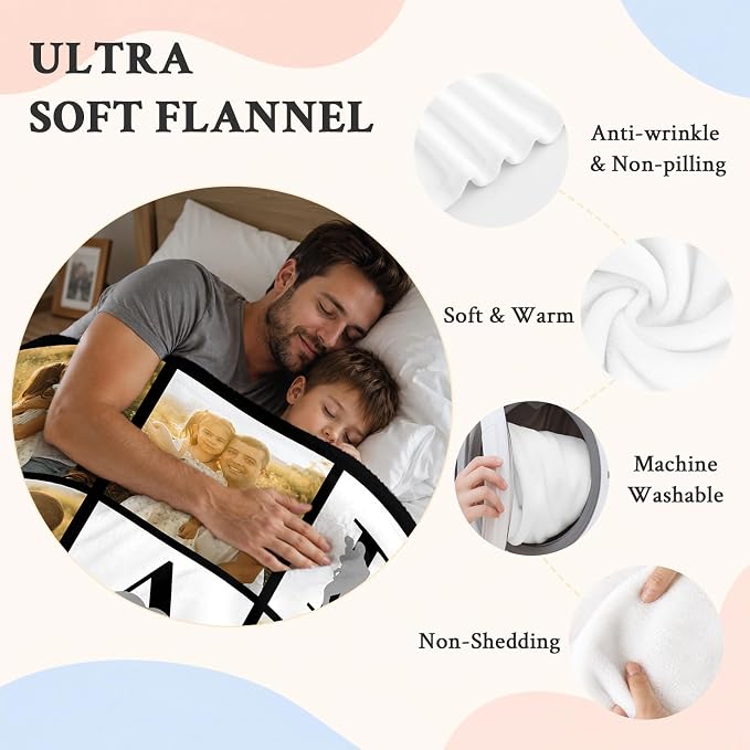 Fathers Day Birthday Gift for Dad Custom Blanket with 6 Photo & Text, Personalized Blankets with Picture to My Dad, HD Printing Customized Flannel Throw Blanket Gifts for Best Daddy Grandpa Ever