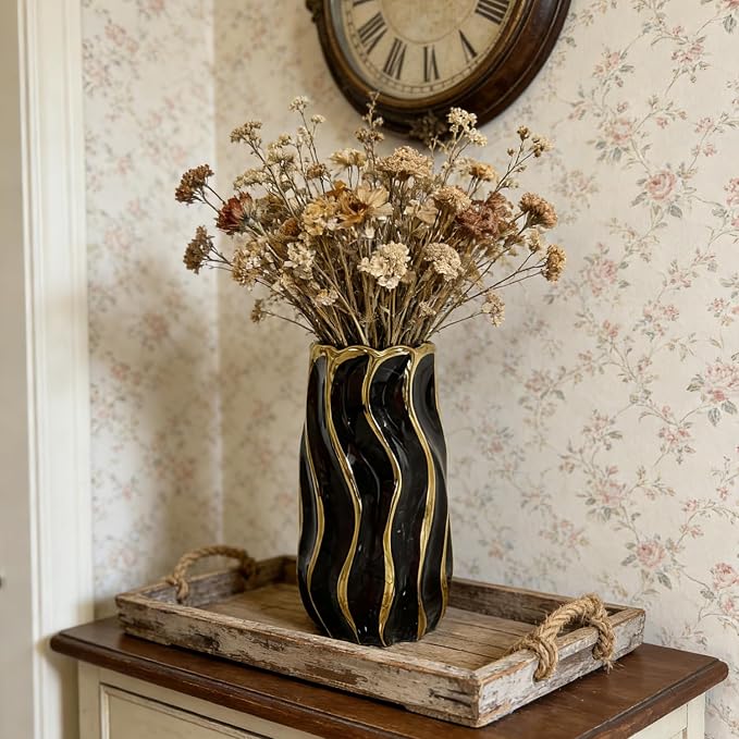 Black Ceramic Vase for Home Decor, Vertical Stripe Decorative Flower Vase for Bedroom, Office, Living Room, Bathroom, Tabletop Decor