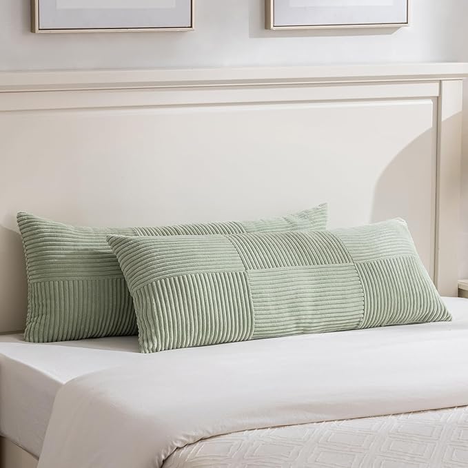 Fancy Homi Set of 1 Sage Green Boho Long Lumbar Body Decorative Throw Pillow Cover 21x54 Inch for Bed Couch Bedroom Bench, Soft Patchwork Corduroy Textured Pillow Case, Rustic Farmhouse Room Decor
