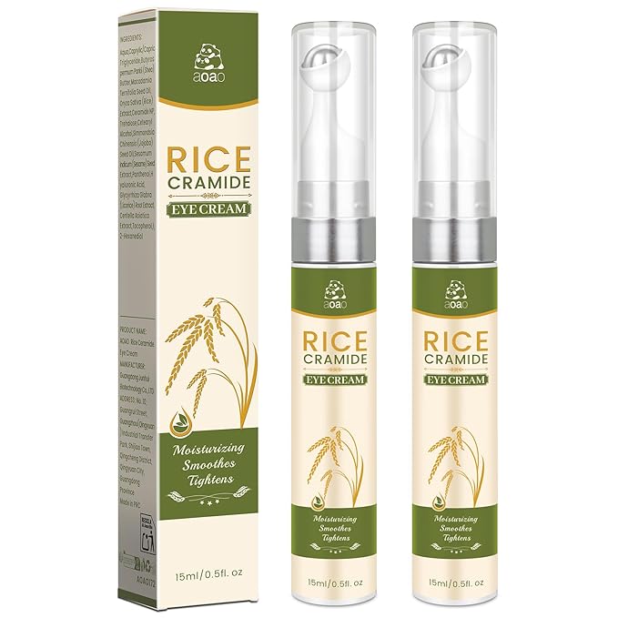 Roller Ball Eye Serum with Rice Ceramide & Shea Butter, Firming & Hydrating Under Eye Cream for Puffy Bags, Fine Lines, Dark Circles & Wrinkles, 360° Massage Ball, Compact Travel-Size, 0.5fl.oz(2pack)