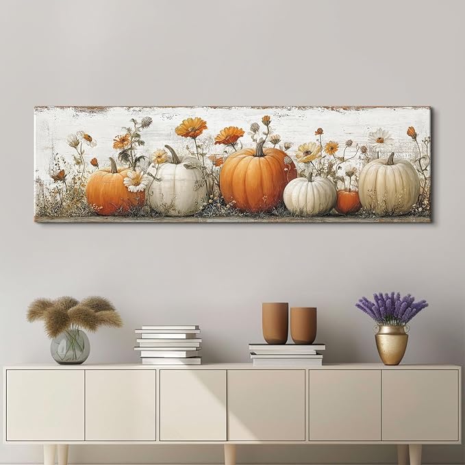 Large Pumpkin Wall Art Fall Wall Decor Farmhouse Kitchen Pictures Wall Decor Autumn Pumpkins Leaves Canvas Prints Painting Rustic Botanical Poster Artwork for Bedroom Living Room Decoration 14x48”