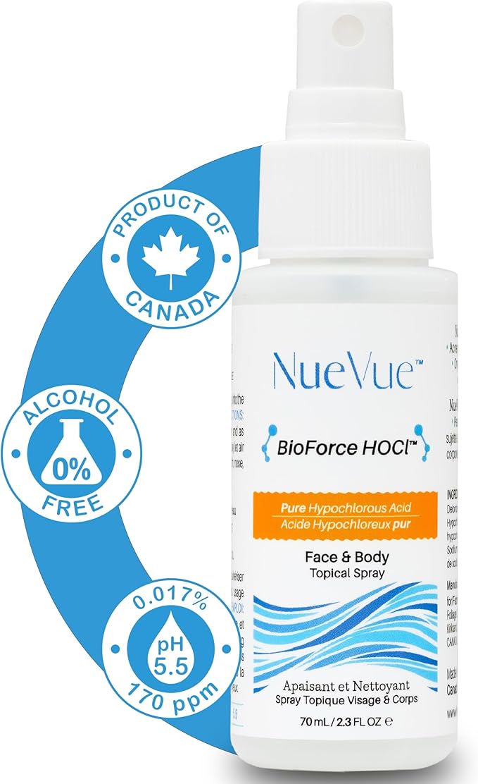 BioForce HOCl - Pure Hypochlorous Acid Spray for Face Travel Size Toner & Cleanser - Made in Canada - Acne-Prone Skin & Eczema, Piercing aftercare, pH Balanced, Non-comedogenic - NueVue (2.3 oz)