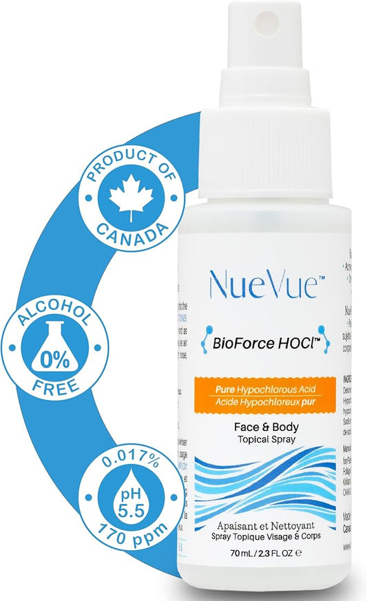BioForce HOCl - Pure Hypochlorous Acid Spray for Face Travel Size Toner & Cleanser - Made in Canada - Acne-Prone Skin & Eczema, Piercing aftercare, pH Balanced, Non-comedogenic - NueVue (2.3 oz)